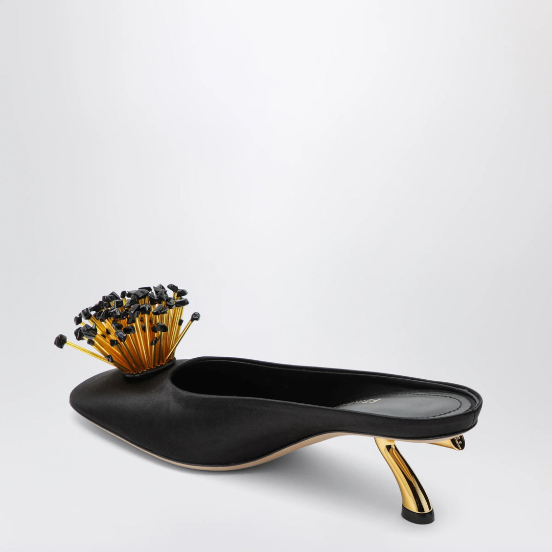 Ferragamo - Black mules with sculptural heel and crystal flower