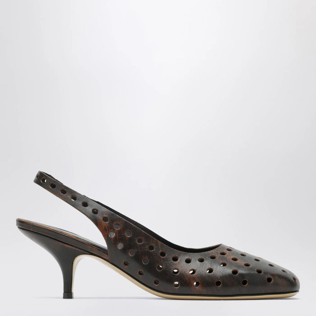 Dries Van Noten - Brown aged leather perforated slingback shoes