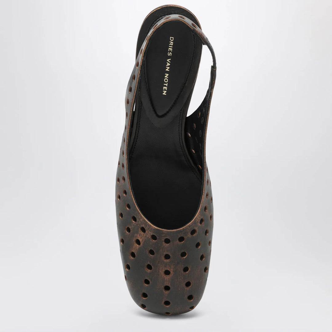 Dries Van Noten - Brown aged leather perforated slingback shoes
