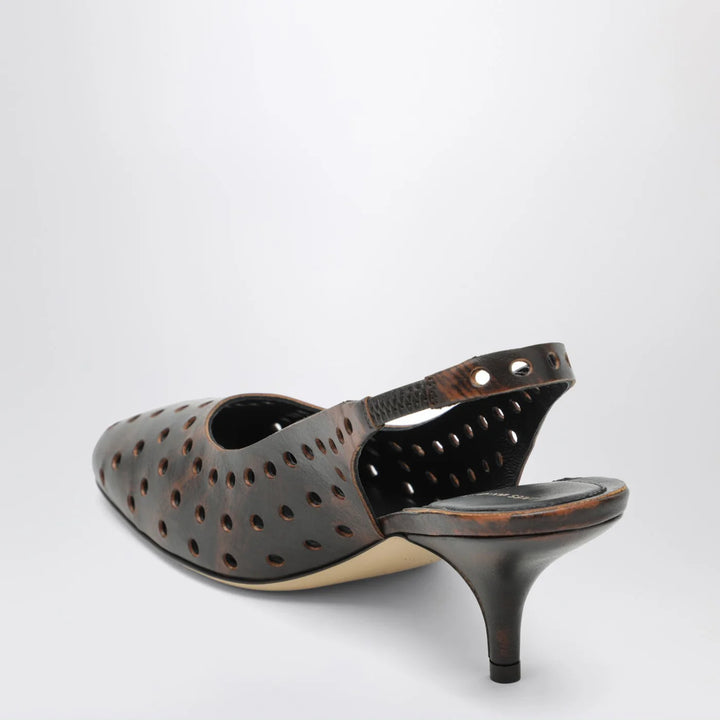 Dries Van Noten - Brown aged leather perforated slingback shoes