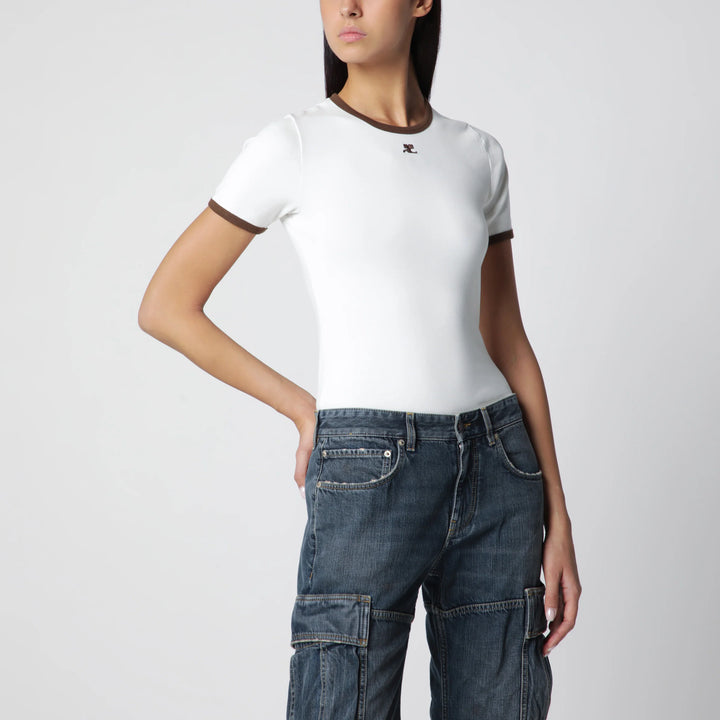 Courrèges - White/Brown cotton T-shirt with contrast crew neck