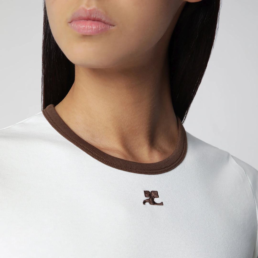 Courrèges - White/Brown cotton T-shirt with contrast crew neck