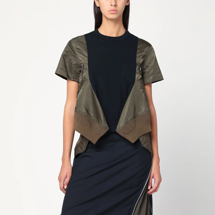 Sacai - Navy/kaki cotton and nylon T-shirt