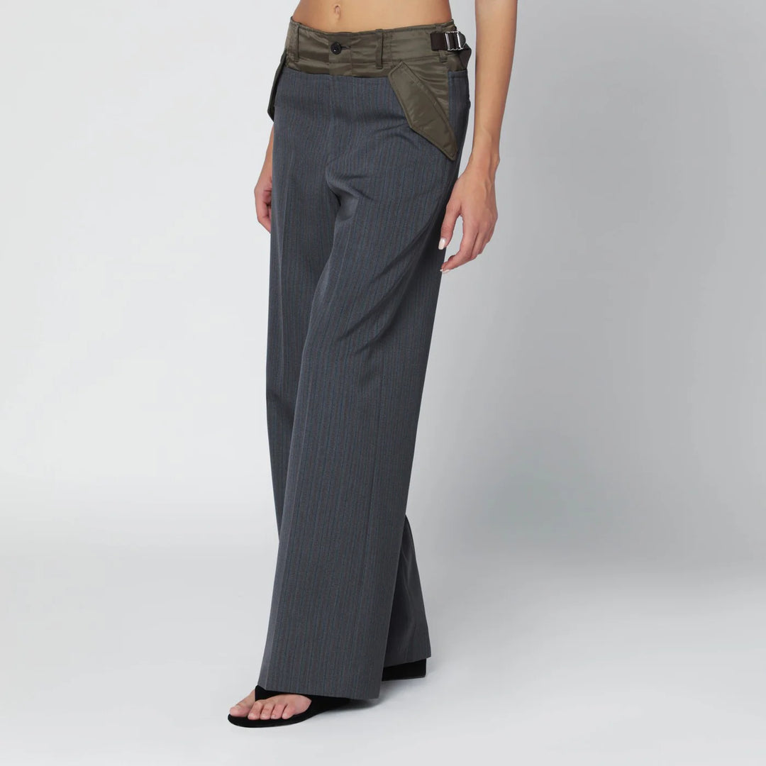 Sacai - Grey/khaki pinstripe bi-material trousers