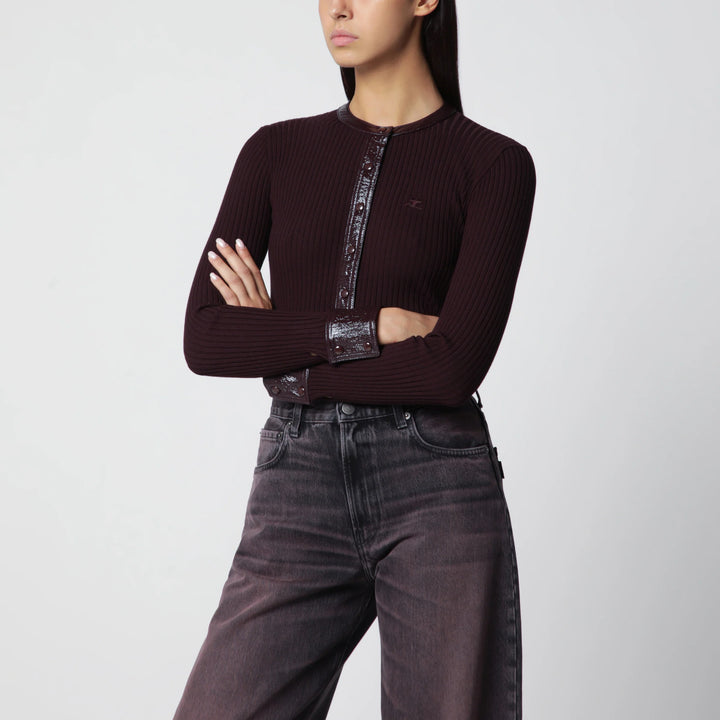Courrèges - Ribbed knit cardigan with vinyl trim in burgundy