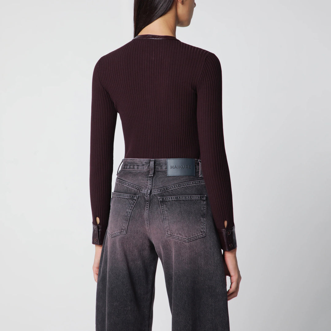 Courrèges - Ribbed knit cardigan with vinyl trim in burgundy