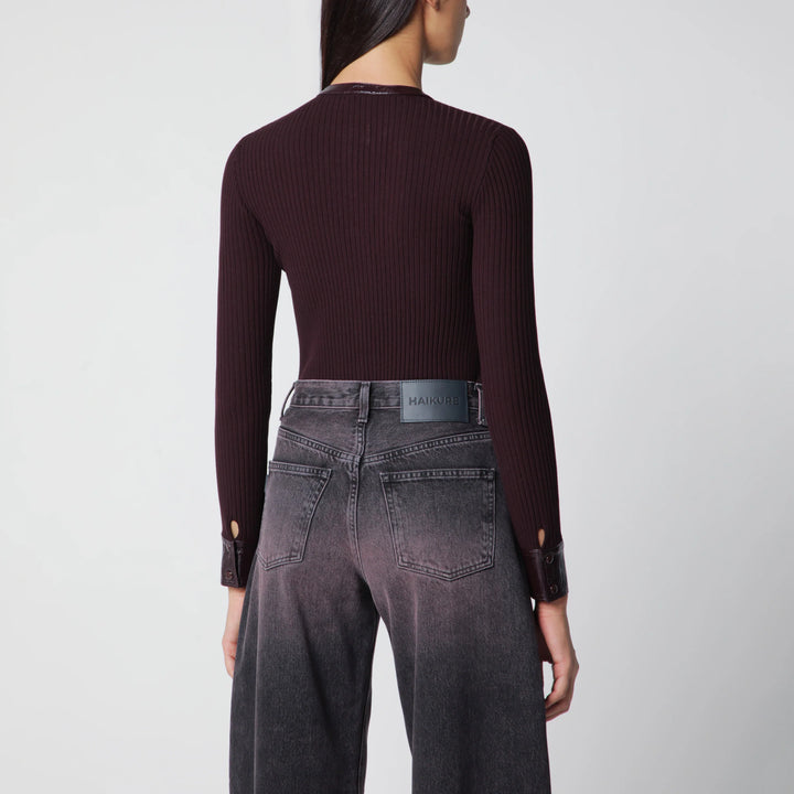 Courrèges - Ribbed knit cardigan with vinyl trim in burgundy
