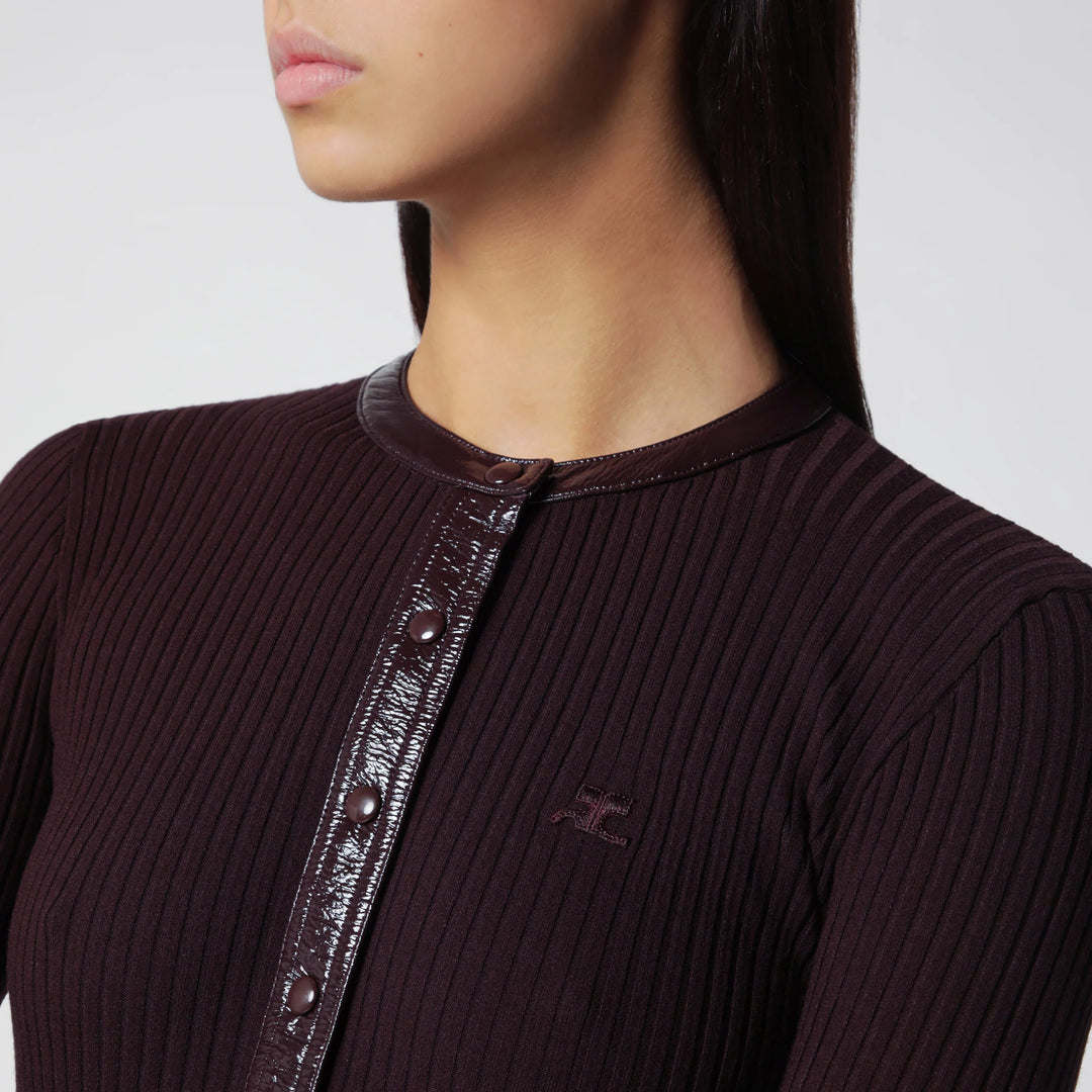 Courrèges - Ribbed knit cardigan with vinyl trim in burgundy