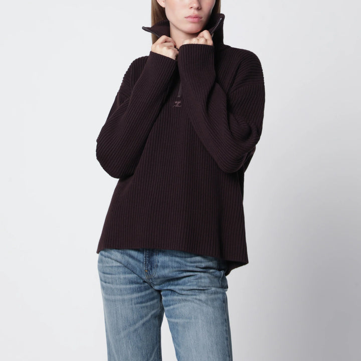 Courrèges - Dark burgundy ribbed zip sweater