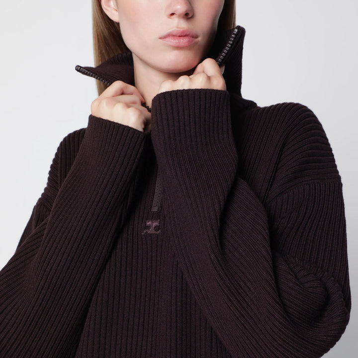 Courrèges - Dark burgundy ribbed zip sweater