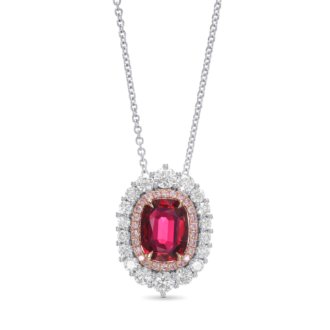 Leibish Oval Pigeon Blood Ruby and Diamond Double Halo Pendant