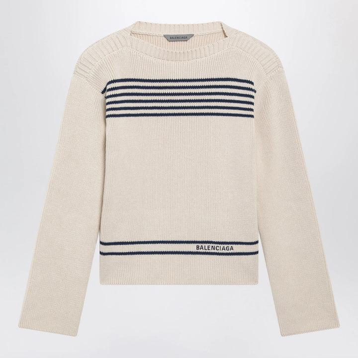Balenciaga - Boat-neck ribbed cotton sweater in navy/white