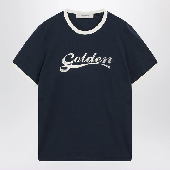 Golden Goose - Cotton T-shirt with vintage logo print in blue/white