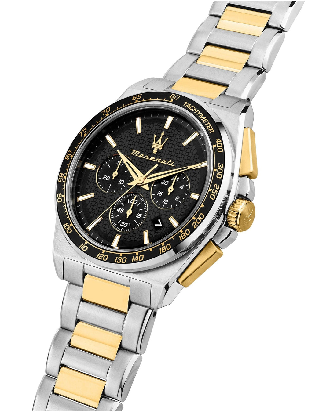 Watch Maserati Velocita 43mm Chrono Black Dial Two Tone Stainless Steel Strap Watch Brand