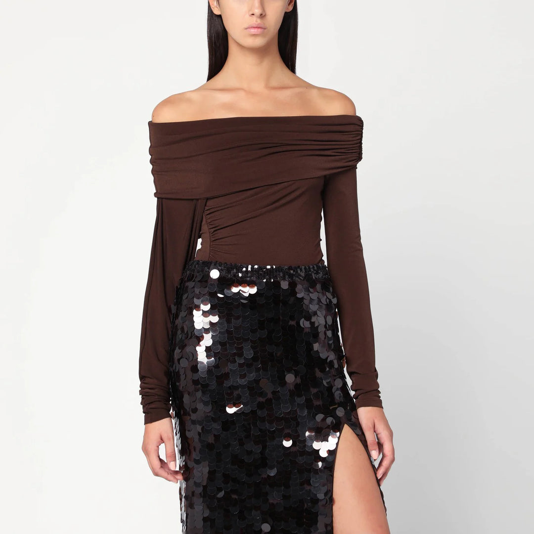 THE ANDAMANE - Top with bare shoulders in brown jersey