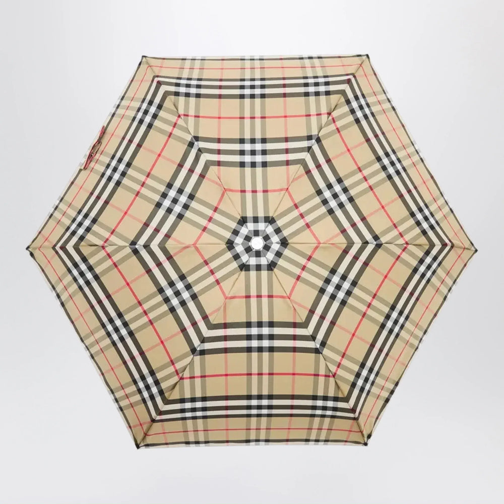 Burberry - Foldable Check umbrella in polyester, sand Brand Apparel & Accessories U