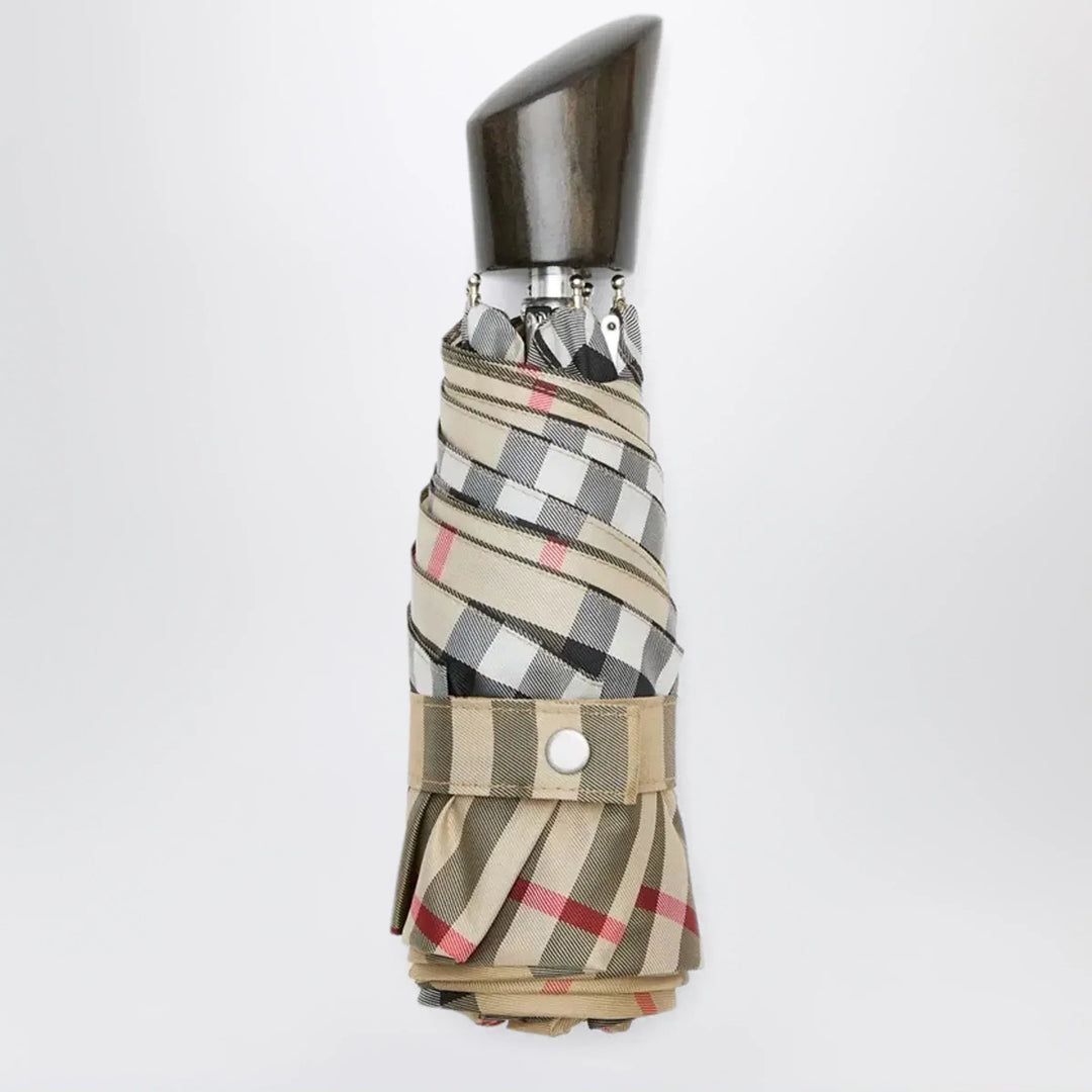 Burberry - Foldable Check umbrella in polyester, sand Brand Apparel & Accessories U