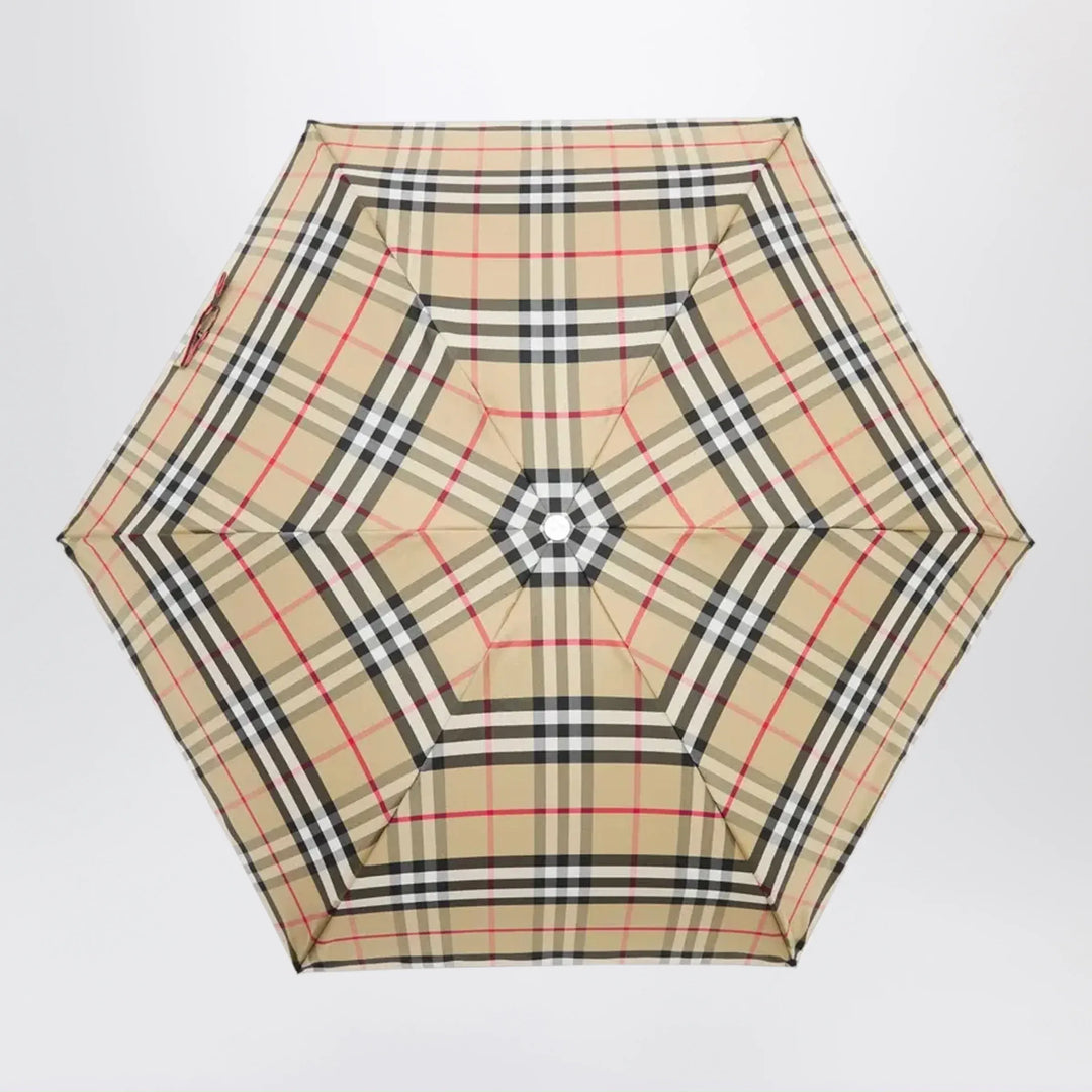 Burberry - Foldable Check umbrella in polyester, sand Brand Apparel &amp; Accessories U