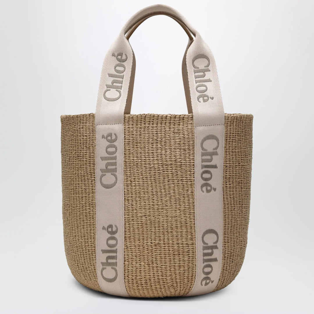Chloé - Large Woody basket bag in paper and calfskin beige Brand Apparel &amp; Accessories TU