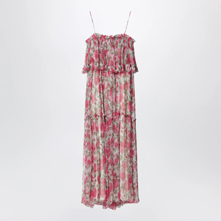 Chloé - Long silk muslin dress with rose print, white/pink Brand Apparel &amp; Accessories 38  FR