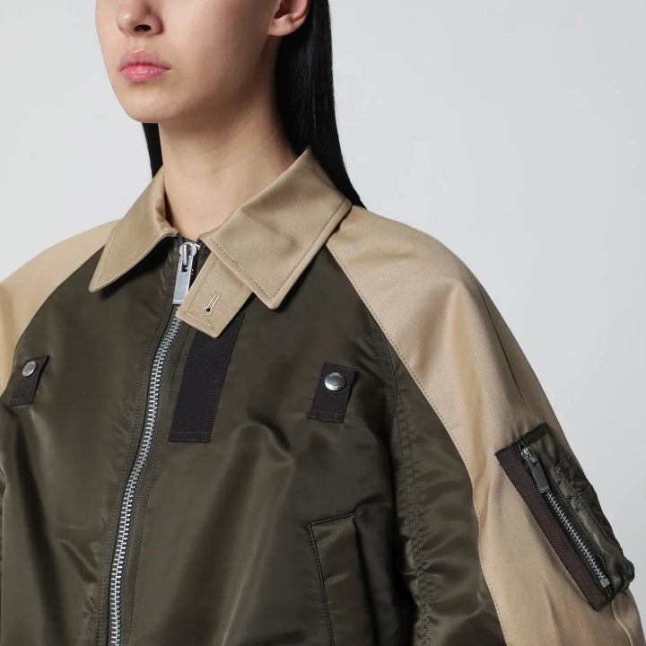 Sacai - Khaki green/beige nylon zip jacket Brand Apparel &amp; Accessories > Clothing > Outerwear > Coats &amp; Jackets