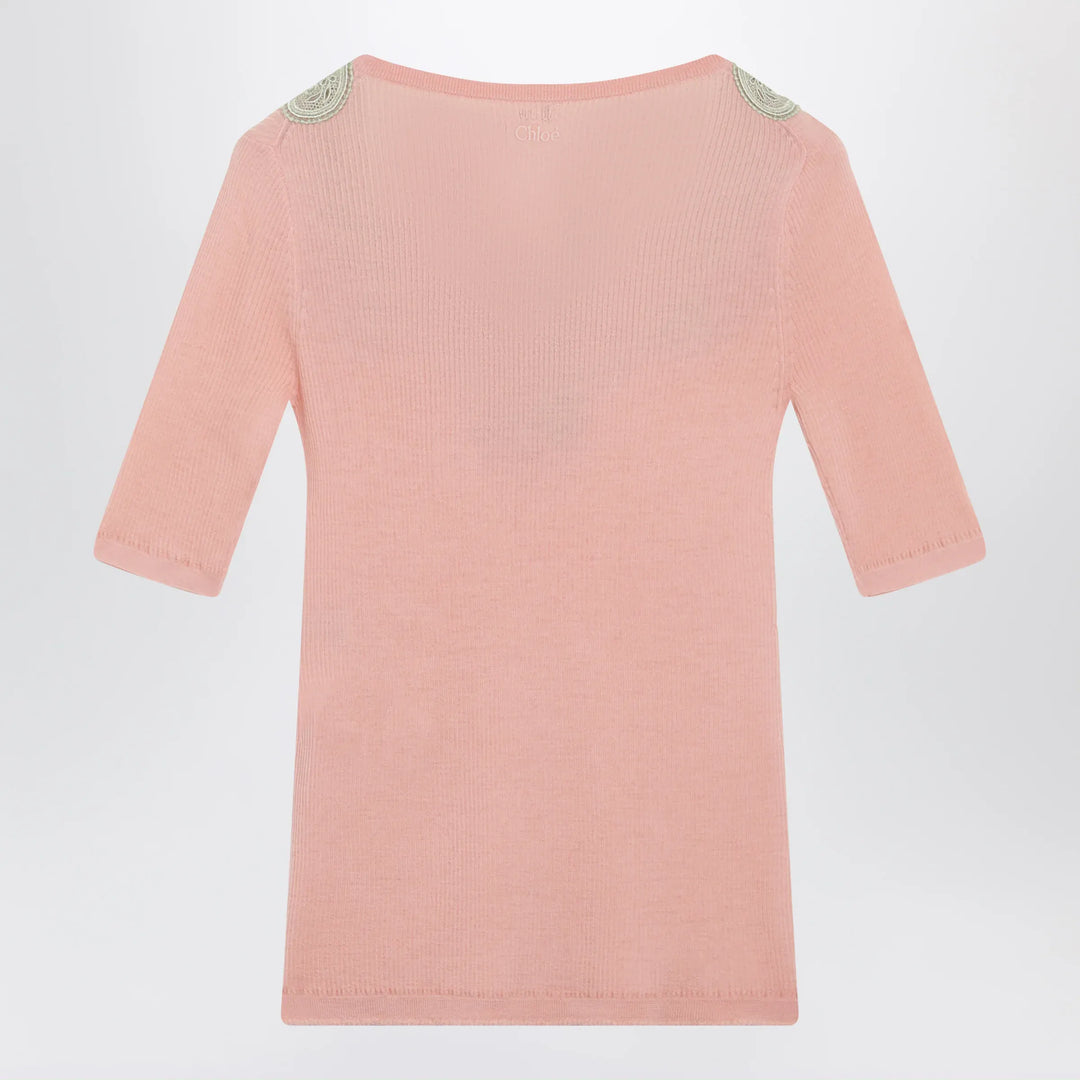 Chloé - Fitted elbow-sleeve ribbed wool sweater with lace trim in pink Brand Apparel &amp; Accessories > Clothing > Shirts &amp; Tops