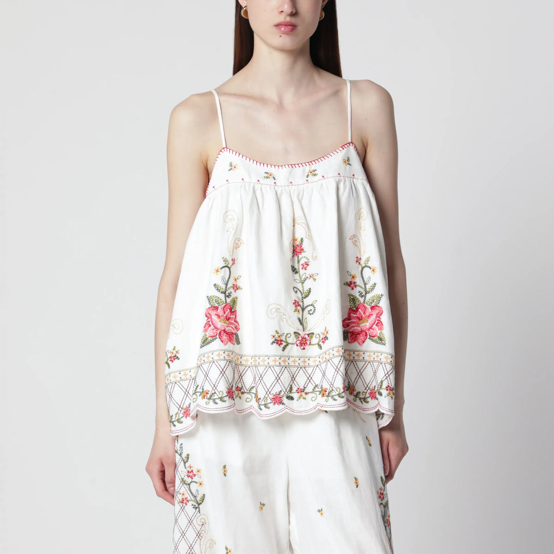 FARM Rio - Linen-blend top with floral embroidery Brand Apparel & Accessories > Clothing > Shirts & Tops XS