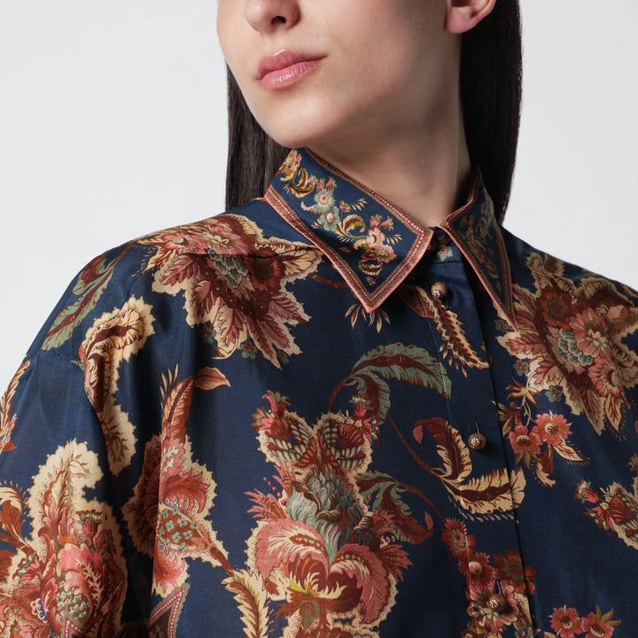 ZIMMERMANN - Aster Relaxed navy Jacobean shirt Brand Apparel &amp; Accessories > Clothing > Shirts &amp; Tops