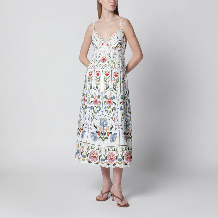 FARM Rio - White midi dress in linen with garden motif Brand Apparel &amp; Accessories
