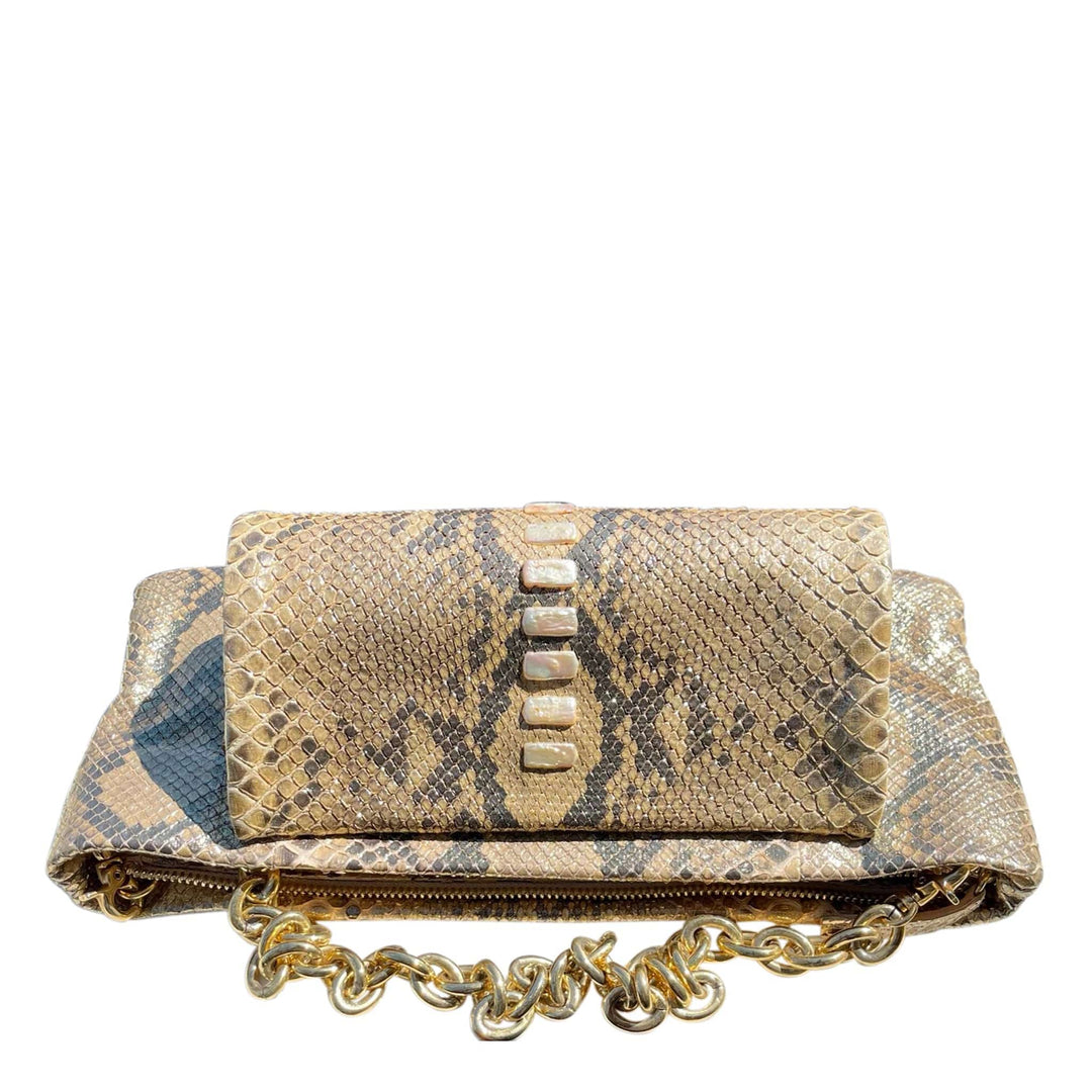 Italian Luxury Group Clutch Pearly Gold Python Clutch With Nacre&