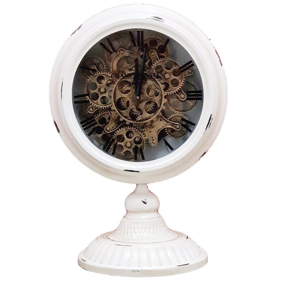 Chilli Desk & Shelf Clocks Industrial moving cogs standing clock on footed stand - white Brand