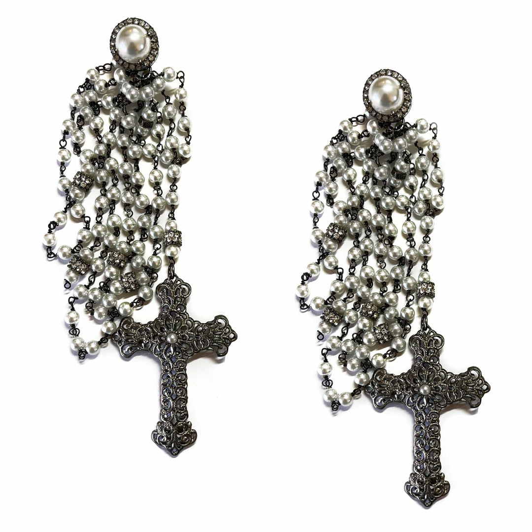 Giora Earrings Giora' Eternity Fashion Cross Earrings with Pearls and Swarovski Crystals Elements Brand