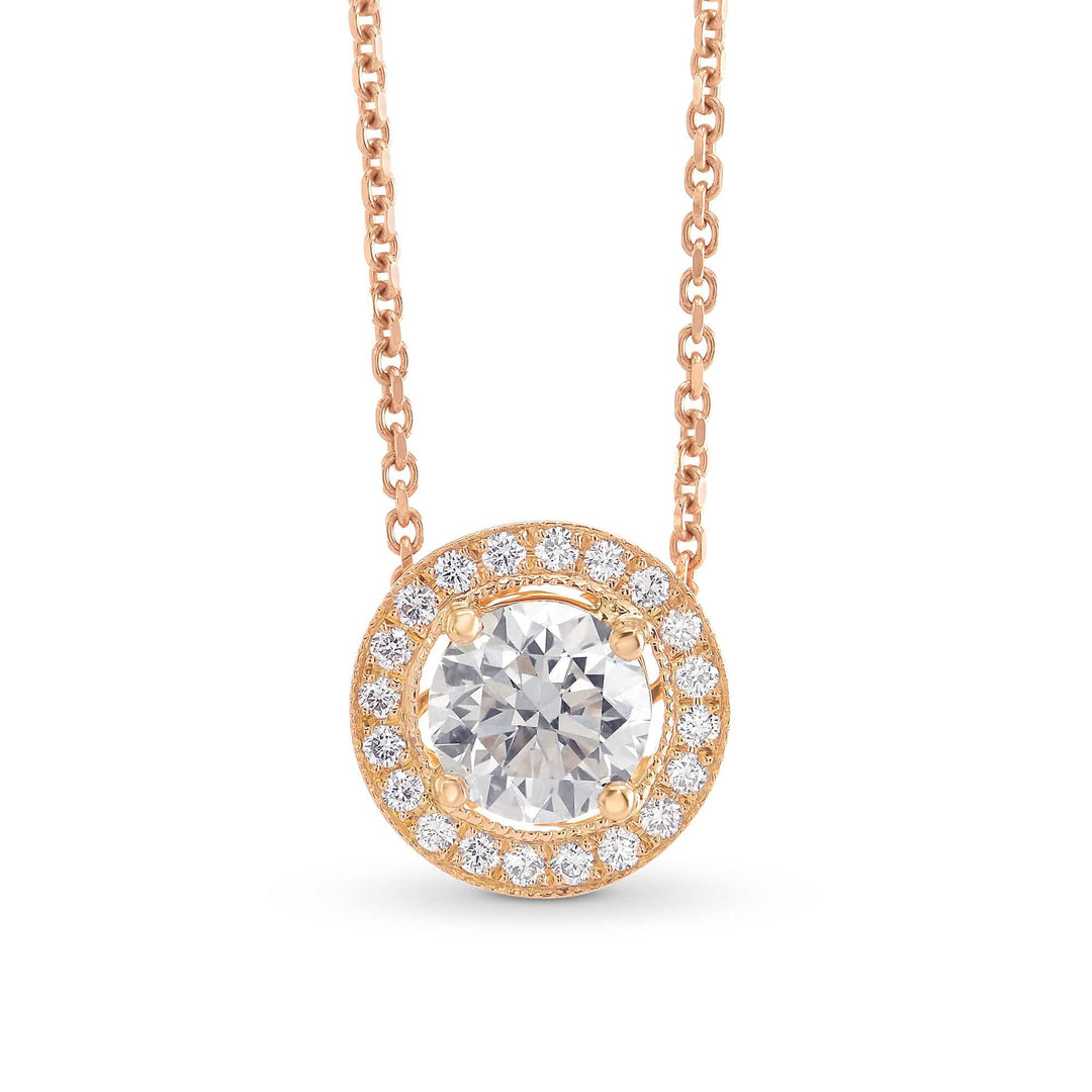 Round Brilliant Rose Gold Halo Diamond Pendant Brand Necklace