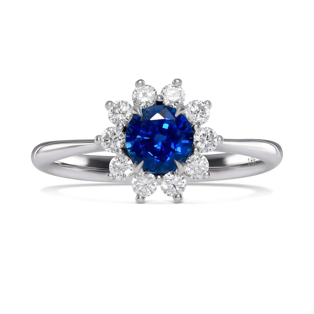 Round Blue Sapphire & Diamond Halo Ring Brand Ring