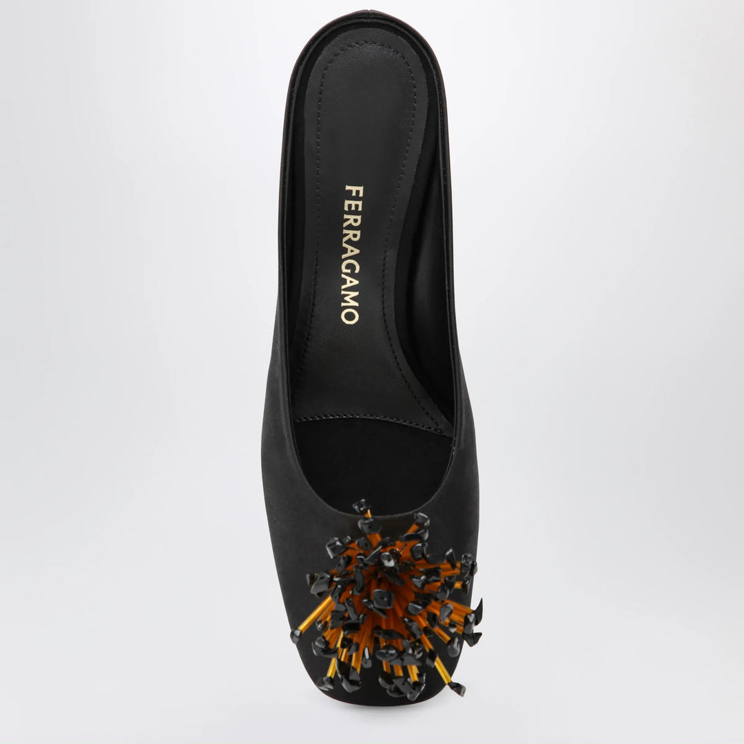 Ferragamo - Black mules with sculptural heel and crystal flower Brand Shoes