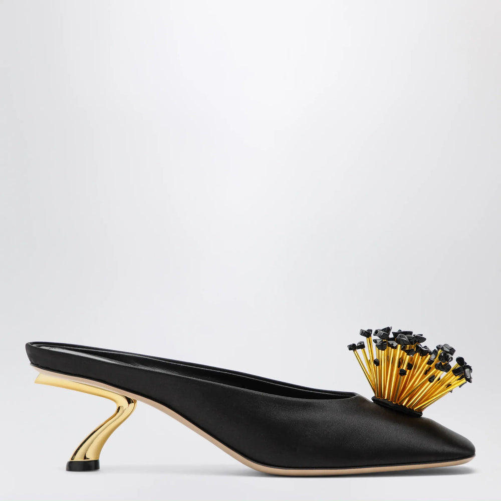 Ferragamo - Black mules with sculptural heel and crystal flower Brand Shoes 5,5 US