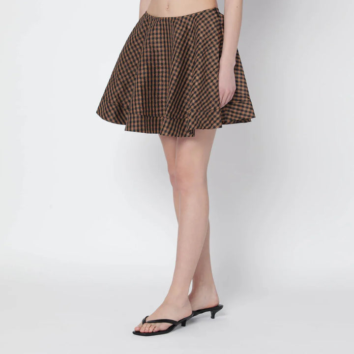 GANNI - Brown/black gingham flared mini skirt Brand Skirts