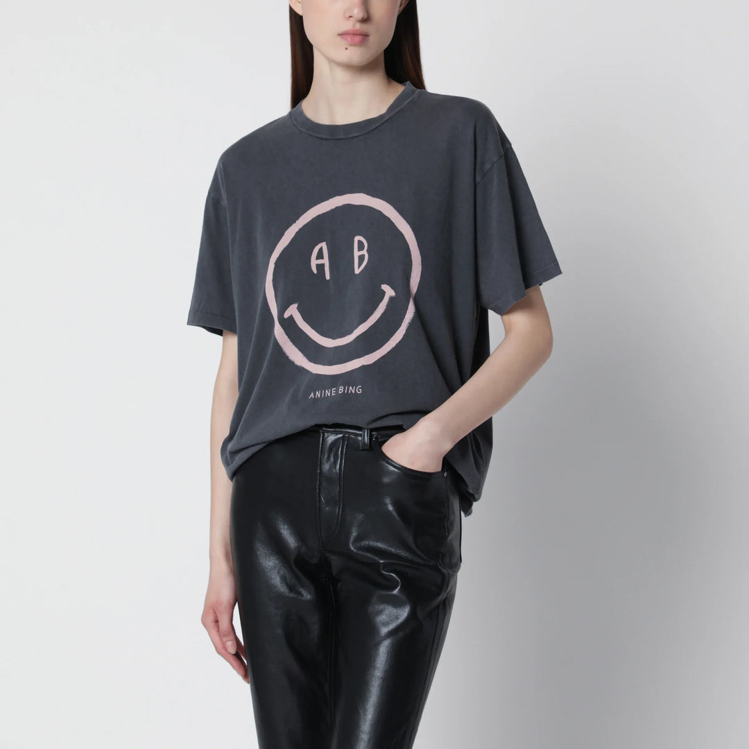 ANINE BING - Cade Tee Smiley graphic cotton T-shirt in Washed Grey Brand T-Shirt
