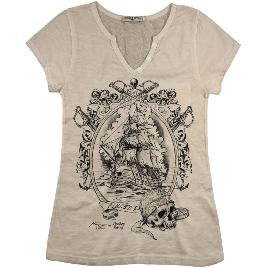 Vintabros T-shirt S / Sand Vintabros Ghost Ship Cotton Women T-shirt V Neck Brand