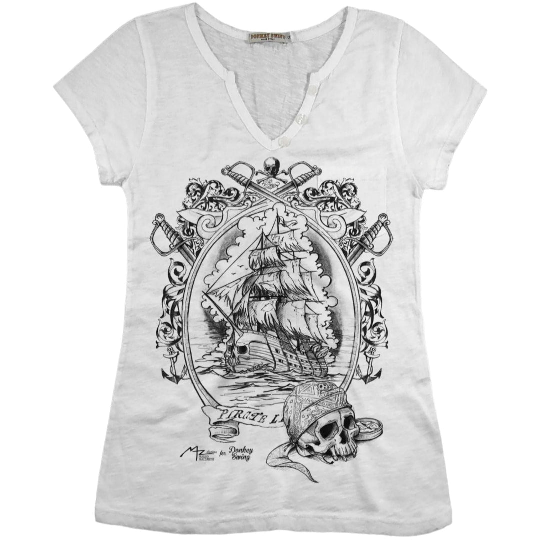 Vintabros T-shirt S / White Vintabros Ghost Ship Cotton Women T-shirt V Neck Brand