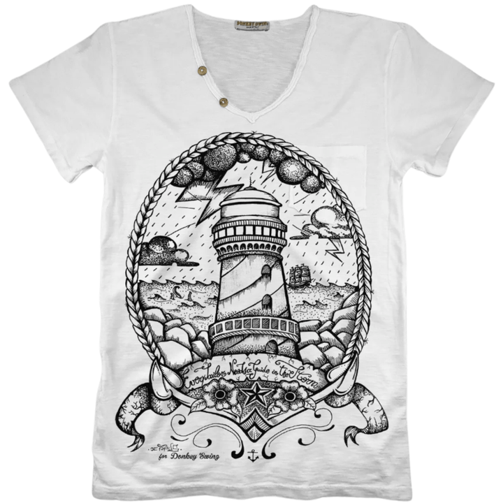Vintabros T-shirt M / White Vintabros Lighthouse in the Storm Men V-neck T-shirt Brand
