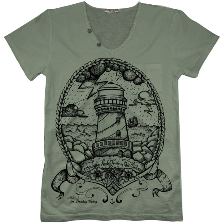 Vintabros T-shirt S / Green Vintabros Lighthouse in the Storm Men V-neck T-shirt Brand