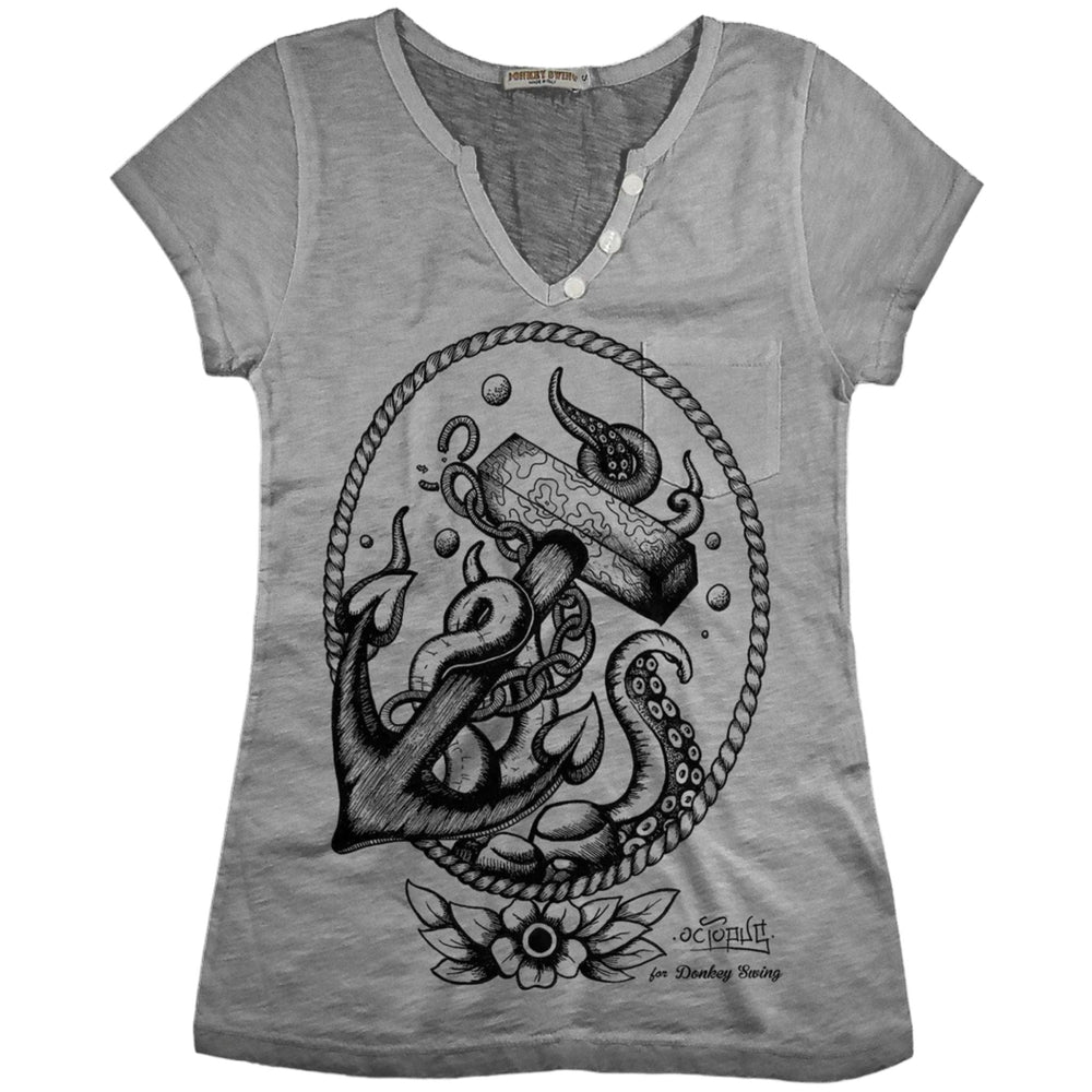 Vintabros T-shirt S / Grey Vintabros Octopus with Anchor Cotton Women T-shirt V Neck Brand