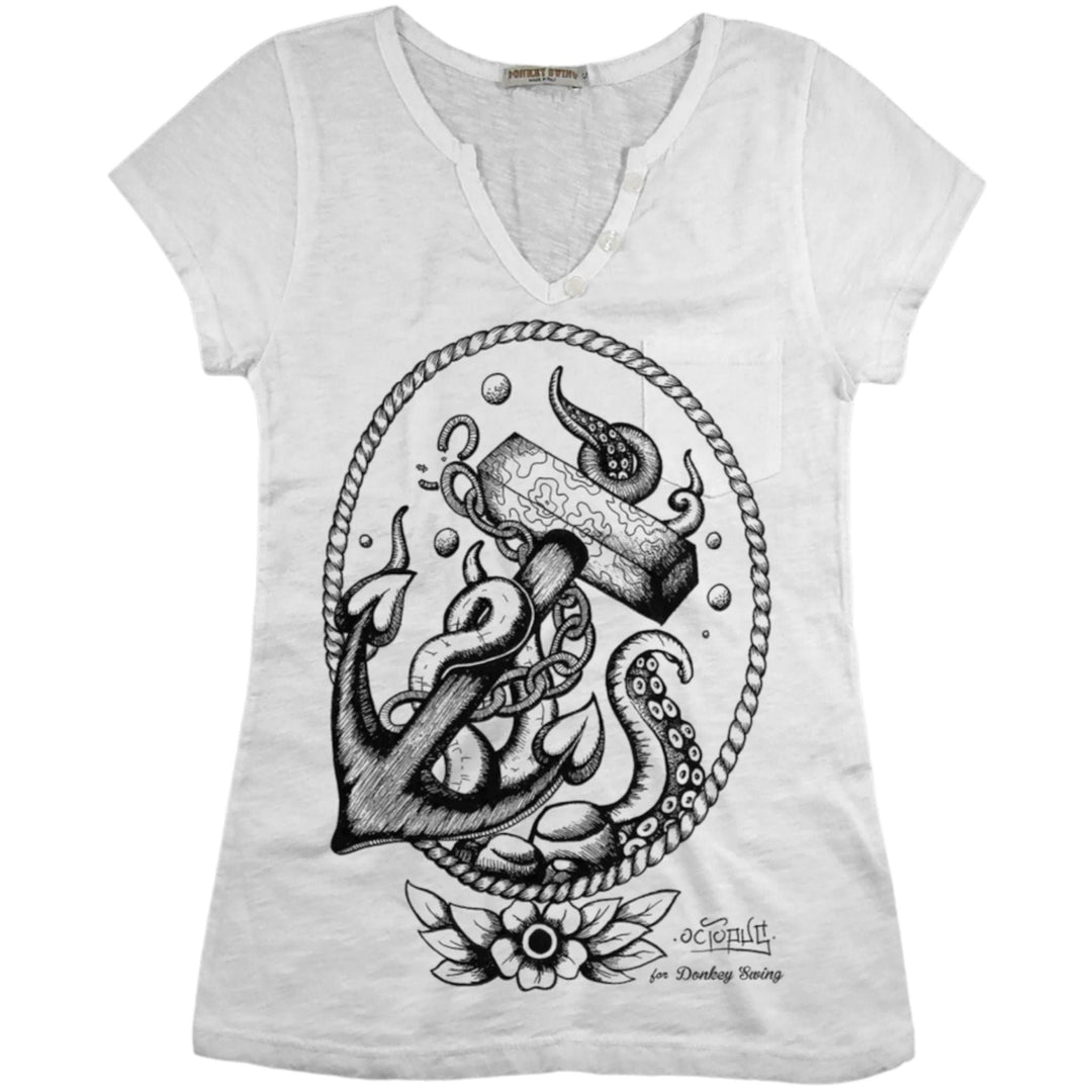 Vintabros T-shirt S / White Vintabros Octopus with Anchor Cotton Women T-shirt V Neck Brand