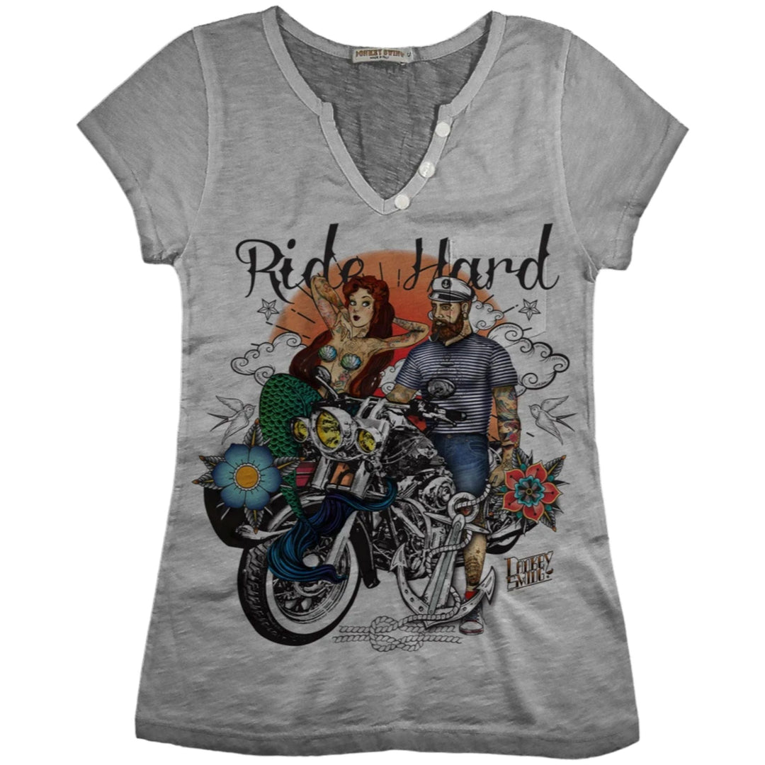 Vintabros T-shirt S / Grey Vintabros Ride Hard Cotton Women T-shirt V Neck Brand