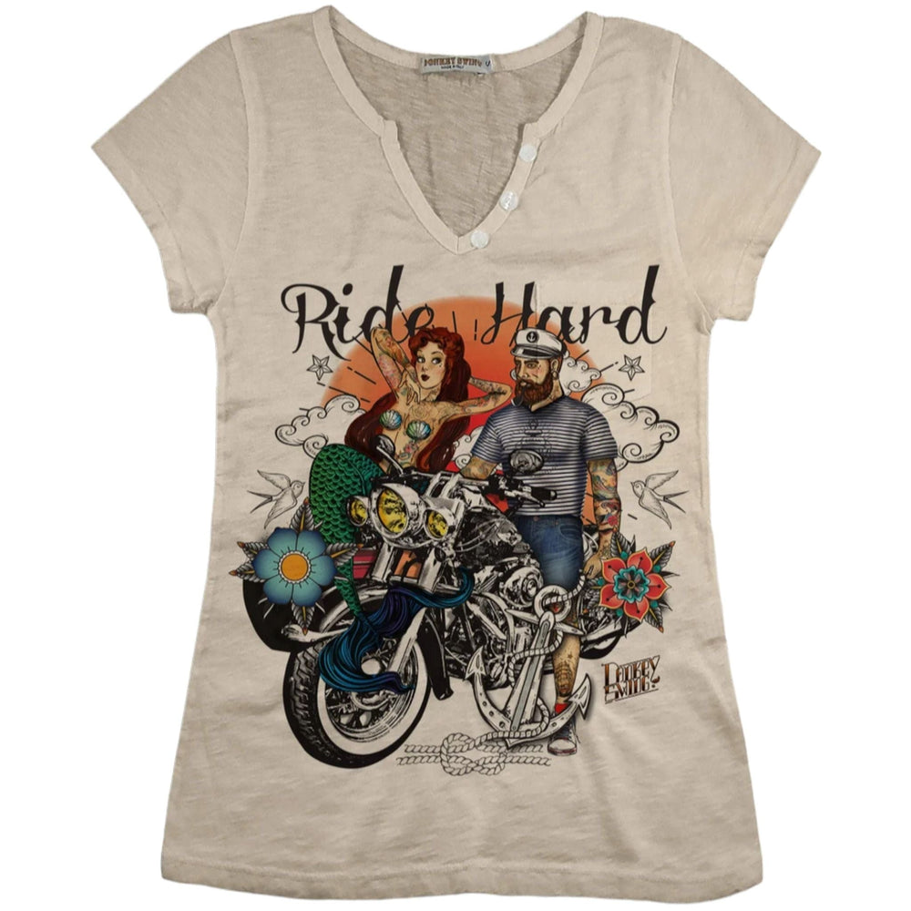 Vintabros T-shirt S / Sand Vintabros Ride Hard Cotton Women T-shirt V Neck Brand
