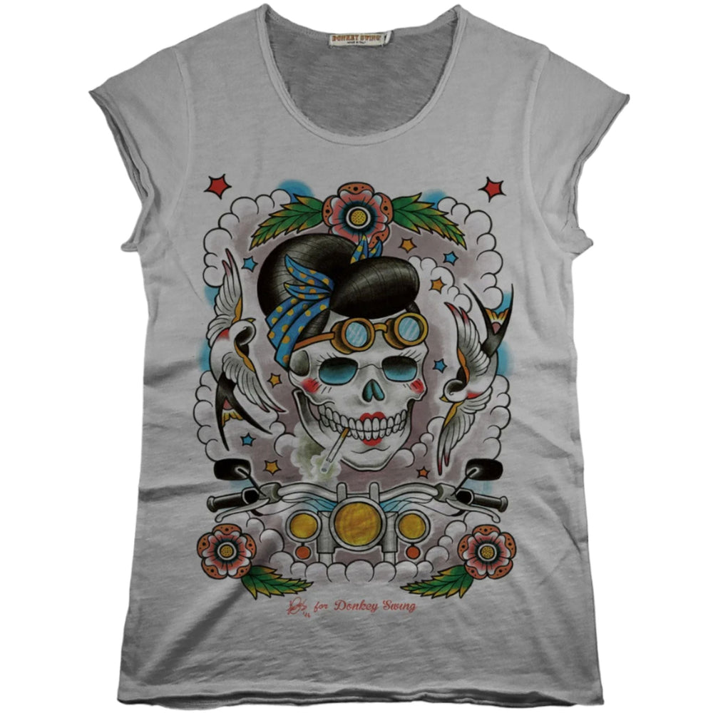 Vintabros T-shirt S / Grey Vintabros Skull with Swallows Cotton Women T-shirt Raw Cut Brand