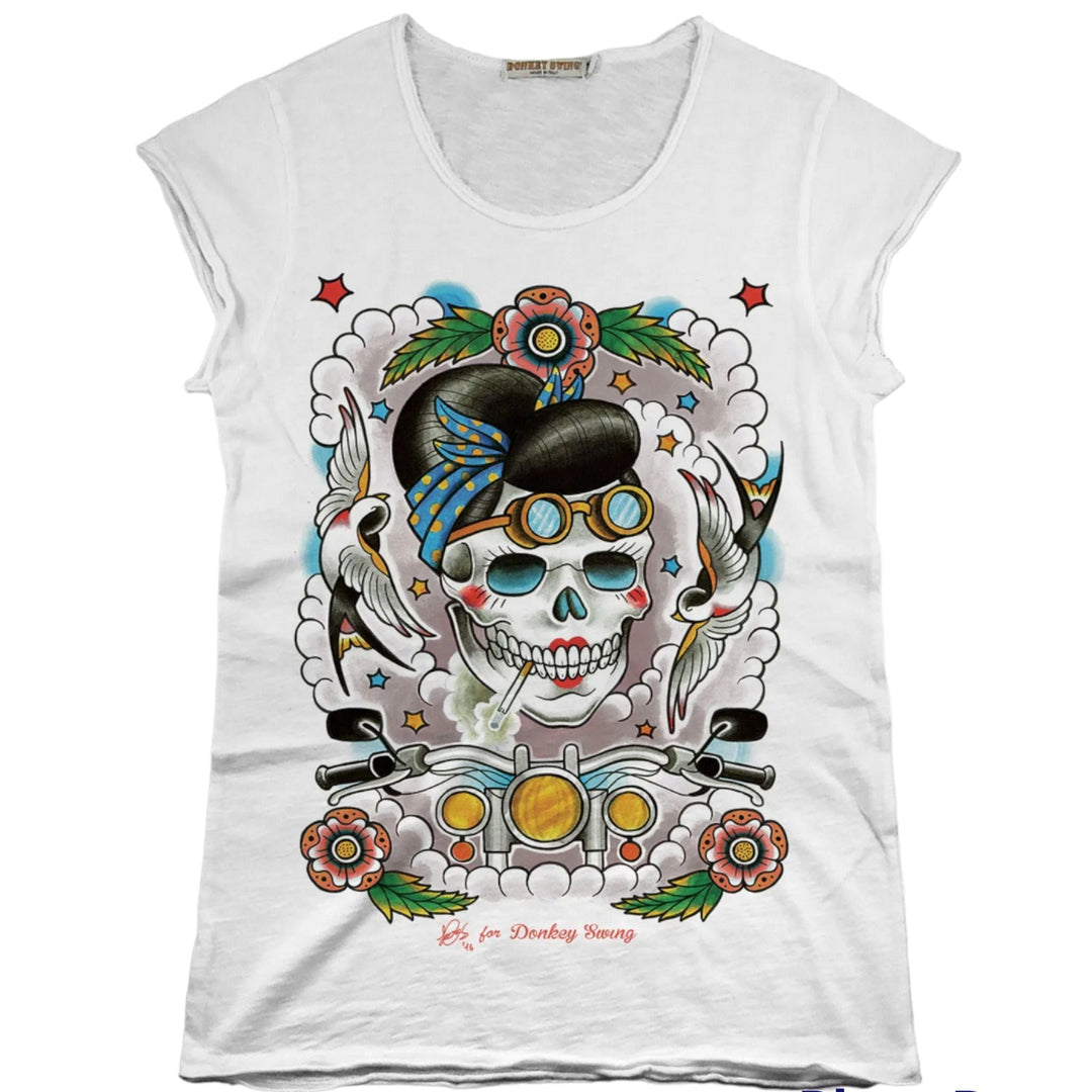 Vintabros T-shirt S / White Vintabros Skull with Swallows Cotton Women T-shirt Raw Cut Brand