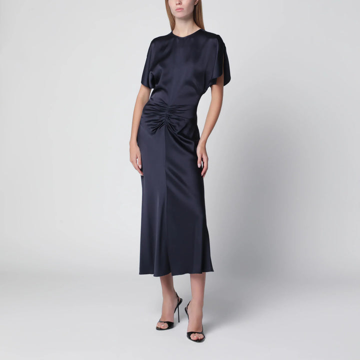 Victoria Beckham - Bela Midi Dress in Midnight Satin Crêpe Brand 8 UK
