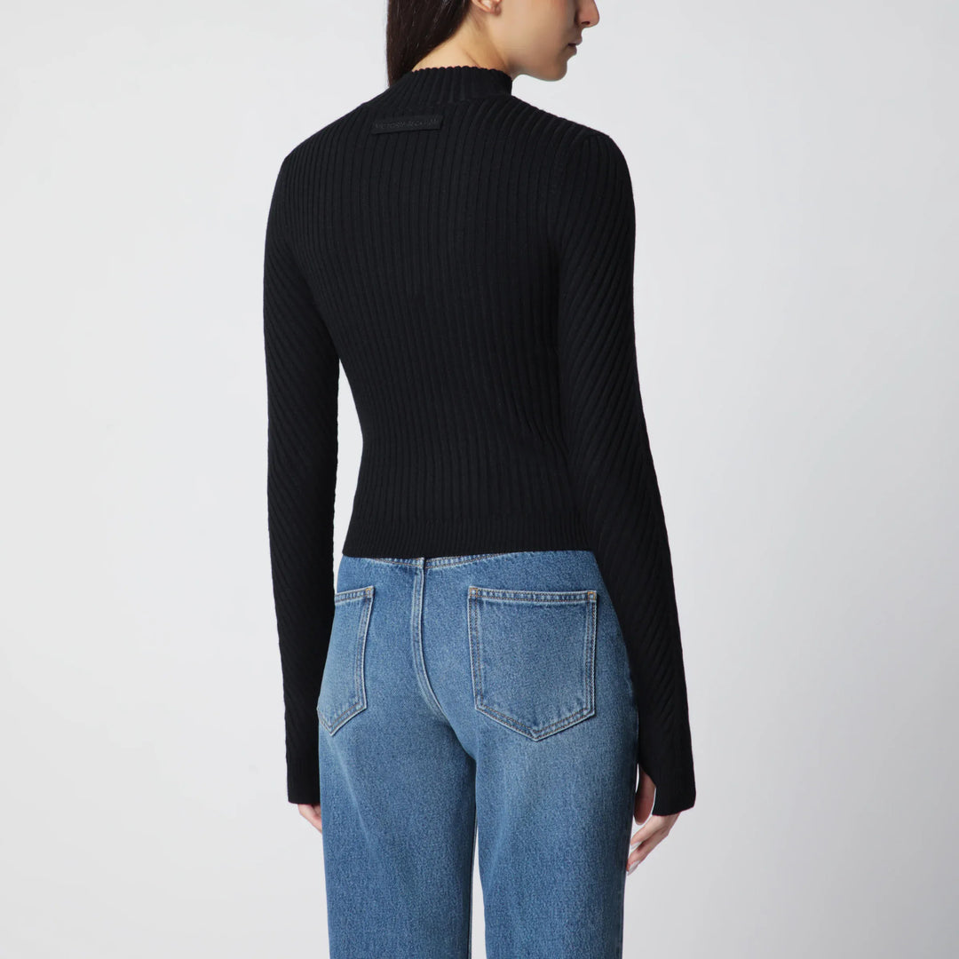 Victoria Beckham - Georgia Ribbed Sweater in Black Merino Wool Brand M